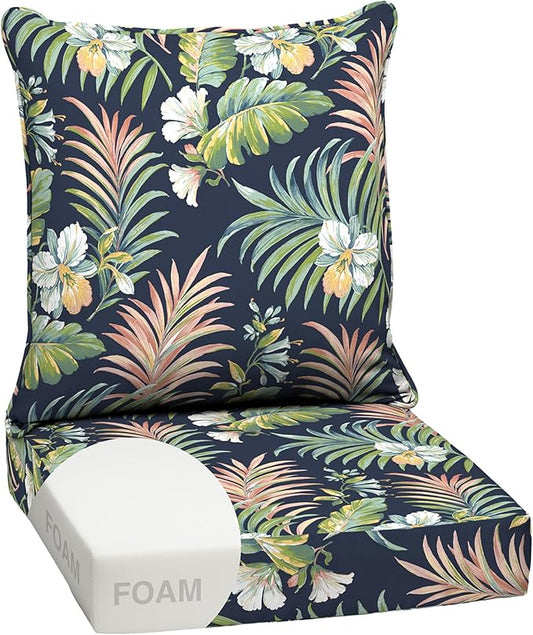 Arden Outdoor Foam Deep Seat Cushion Set, 24 in x 24 in, Weather-Proof, Rain-Proof, Fade Resistant Patio Cushion, Bottom and Back Cushion for Chair, Sofa, and Couch Simone Blue Tropical