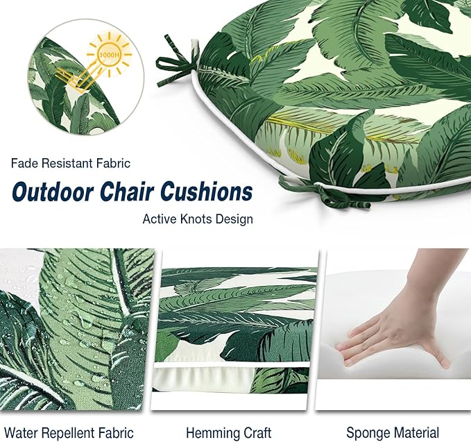 Outdoor Chair Cushions Set of 2, Water Resistant Patio Chair Pads with Ties, Seat Cushions for Home Garden Furniture Decoration, 16"x17", Swaying Palms Green