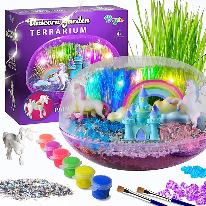 BRYTE Light Up Unicorn Terrarium Kit - Blue & Pink Round Plastic Dome, Ages 4-12 - Fairy Garden Kids Kit with Seeds & Terrarium Rock