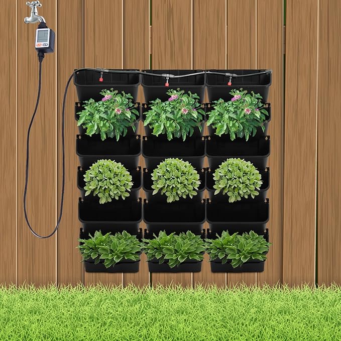 18 Pots Vertical Garden Planter, 6 Tiers Self-Watering Wall-Mounted Flower Pot Bags,Vertical Wall Planter w/Timer&18pcs Plant Pots, Hanging Planter Rack Balcony Planter for Herb (Black)