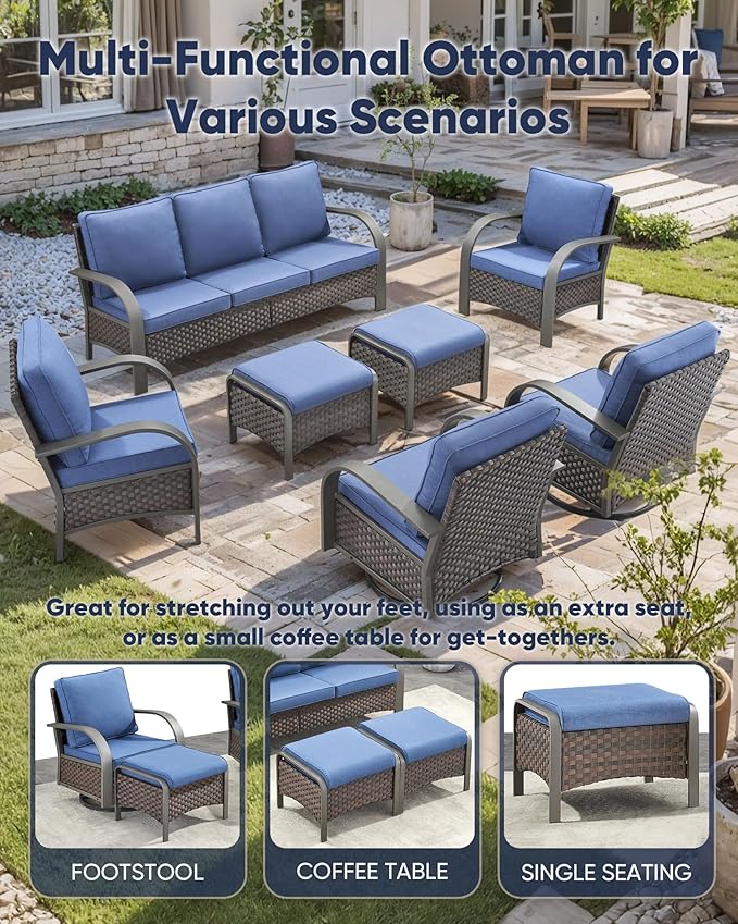 HUMMUH Outdoor Wicker Chairs Set of 2-All Weather Rattan Wicker Patio Chairs with Ottoman Small Outdoor Furniture Set for Deck Porch Garden Poolside Backyard-Brown/Blue