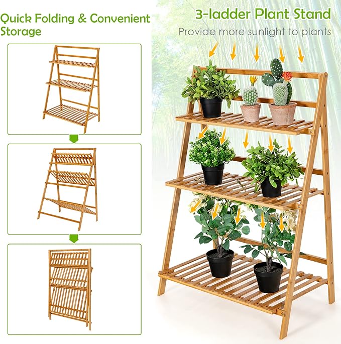 Giantex 3 Tier Folding Storage Shelf, Bamboo Ladder Plant Stand, Multiple Flower Pot Holder Succulent Display Rack, Foldable Shelving Unit for Balcony Garden Living Room Indoor Outdoor