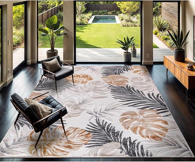 CAMILSON Indoor Outdoor Rug, Yellow 10’x14’ Leaf Tropical Botanical Area Rugs for Indoor and Outdoor patios, Easy-Cleaning Non-Shedding Living Room, Garden and Kitchen Washable Outside Carpet (10x14)