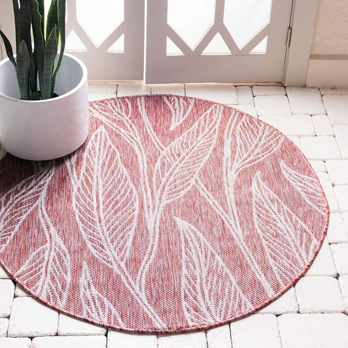 Unique Loom Outdoor Botanical Collection Area Rug - Leaf (4' 1" Round, Rust Red/ Gray)