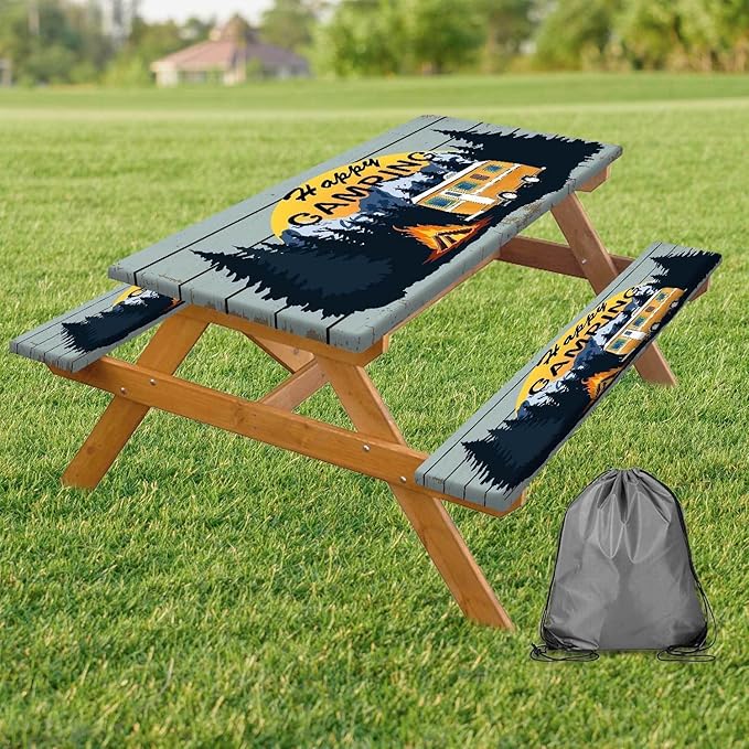 Happy Camper RV Picnic Table Cover with Bench Covers, Retro Wooden Waterproof Camping Picnic Table Cover Cloths for Outdoors Tablecloth with Drawstring Bag, 60in