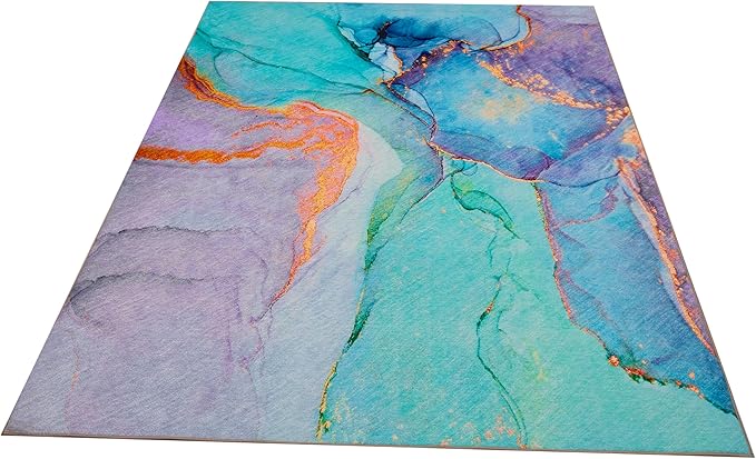 Abstract Washable Indoor Outdoor Rug, 3' x 5', Teal, Stain Resistant, Easy Clean, Modern Marble Abstract Teal Rug for Indoor/Outdoor Patio, Deck, Porch, Garden, Courtyard