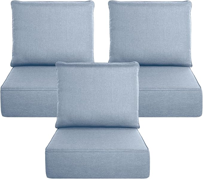 Belord Luxury 6" Thick Outdoor Cushion 3 Set - 22 x24 Inch 28D Sponge Filling Fade-Resistant Chair Cushion, Spill Proof Removable Patio Furniture Replacement Cushion for Sofa Bench - Baby Blue