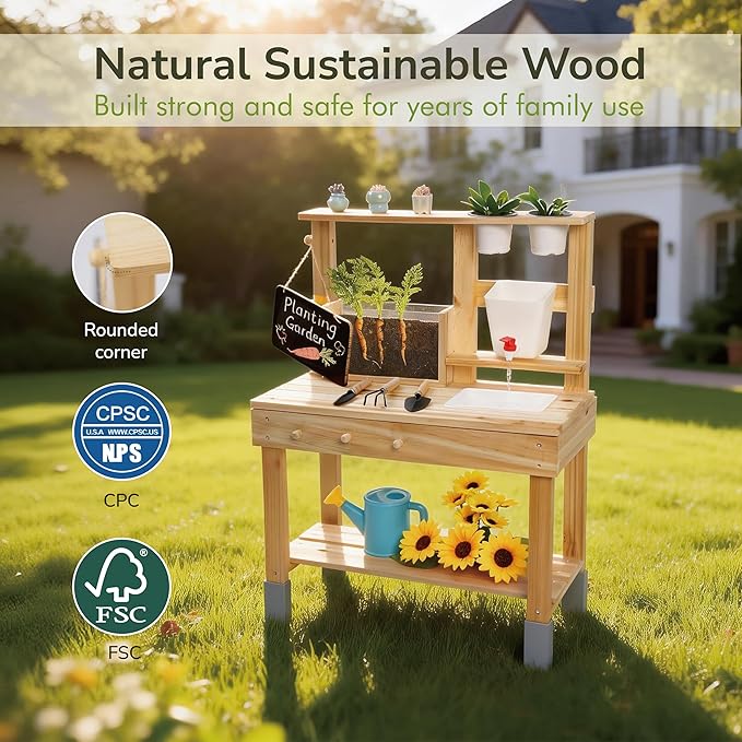 Kids Potting Bench, Garden Station to Grow Your own Vegetables, Plants and Flowers, Wooden Toy Gardening Center with Sink & Faucet, Blackboard, Garden Accessories, Storage Shelf