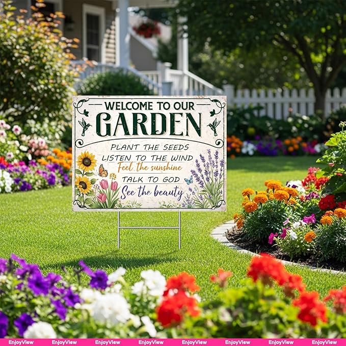 Funny Garden Sign with H Stake 24"x18" Large Vintage Sign for Outside Greenhouse Corrugated Plastic Yard Decor Gardening Gifts for Women " WELCOME TO OUR GARDEN"
