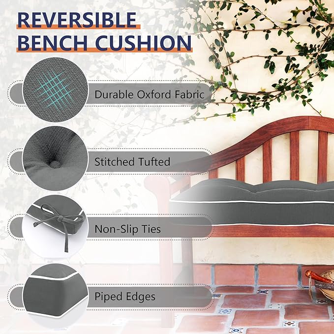 Favoyard Indoor/Outdoor Bench Cushion 42 x 16 Inch Waterproof & 3-Year Fade-Resistant Patio Furniture Cushions for Garden Porch Swing Chair Tufted Pad for Sofa Couch Seat with Ties, Dark Grey