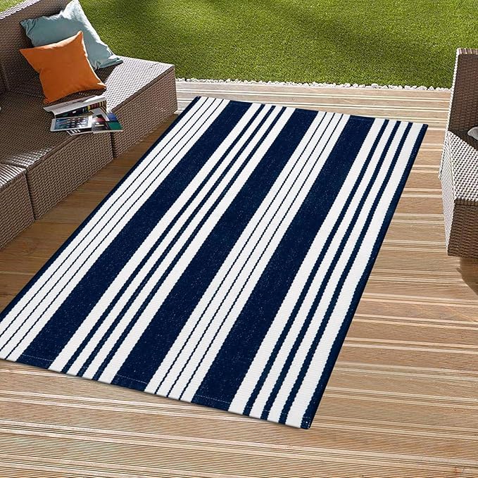 OJIA Blue and White Outdoor Rug 3'x5' Cotton Woven Striped Front Porch Rug Machine Washable Indoor Outdoor Rugs Farmhouse Entry Rug Layered Door Mat for Entryway/Kitchen/Front Door Entrance Decor