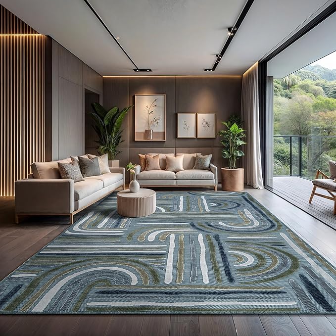 CAMILSON Indoor Outdoor Rug, Aqua 9x12 Geometric Arch Striped Large Area Rugs for Patio and Home Areas, Easy-Cleaning Non-Shedding Living Room, Garden and Deck Washable Outside Carpet (9 x 12)