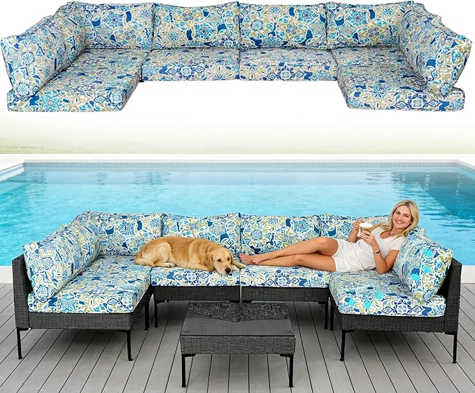 Patio Furniture Cushions,14Pieces Water-Resistant Outdoor Replacement Cushions,Sectional Sofa Cushions for Fits 6-Seats Rattan Wicker Patio Conversation Sets(Moroccan Style)