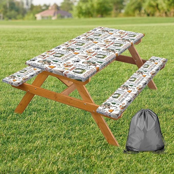 3PCS Picnic Table Cover with Bench Cover Adventure Bear Fox Forest Pattern Happy Camping Tablecloth Fitted Picnic Picnic Table Cover with Elastic Windproof Waterproof, Outdoor Camping Accessories 60IN