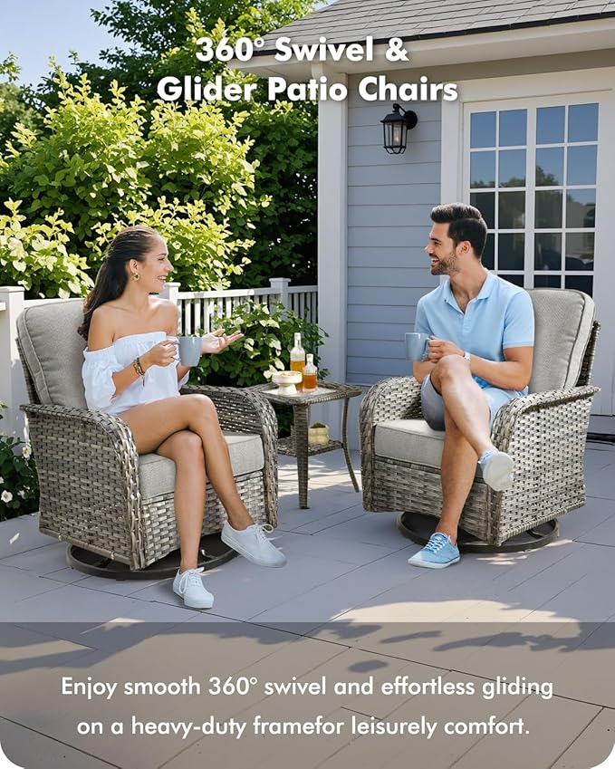 3-Piece Swivel Rocking Rattan Chair Outdoor, Patio Bistro Furniture Conversation Set, Wicker Chair with Coffee Table Dark Gray