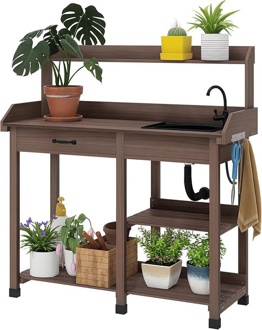 Outsunny Potting Bench Table, Outdoor Garden Table Wooden Work Station with Removable Sink, Faucet, Drawer, Shelves, Hooks, Dark Brown