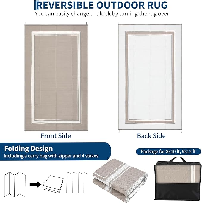 COZYLOOM Outdoor Plastic Straw Rug 9x12 UV Resistant Waterproof Patio Rug, Reversible RV Camping Mat with Portable Bag & 4 Stakes, Modern Bordered Outdoor Carpet for Balcony Deck Yard, Dusty Taupe