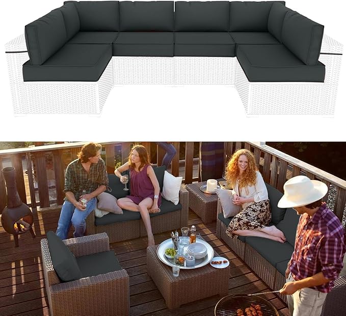 Outdoor Sectional Cushions Replacement Set, 26x26in Patio Furniture Cushions, 14 Pieces Waterproof Outdoor Couch Cushion for 6 Seat Wicker Conversation (Dark Gray)