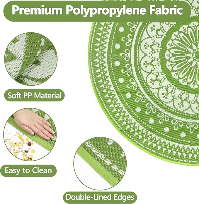 Cekene Round Outdoor Rugs Waterproof 8Ft Reversible Outdoor Patio Rugs Portable RV Camping Mats Lightweight Plastic Straw Rugs Outdoor Area Rug for Patio Picnic Beach BBQ, Black/Camel
