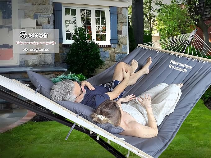 Quilted Fabric Double Hammock won't flip with stand and Spreader Bars,Safer and Sturdier,Quality Hammocks for outdoor indoor patio yard Two sided dual use Deep Grey