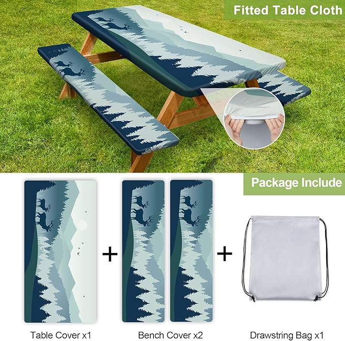 Picnic Table Cover with Bench Covers 6FT 3 Pcs Waterproof Windproof Aesthetic Camping Tablecloth with Drawstring Bag, Fitted for 6 Foot Rectangle Tables and Seats, 72 inch, Blue Deer Forest