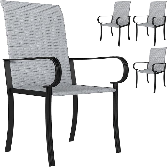 Outsunny Set of 4 Outdoor Wicker Dining Chairs, All-Weather Rattan Armchairs with Armrests, Steel Frame, High Back and Deep Seating, for Garden, Patio, Deck, Yard, Poolside, Gray