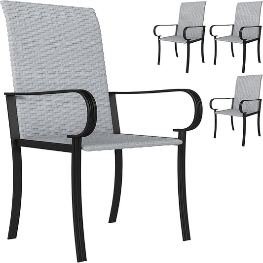 Outsunny Set of 4 Outdoor Wicker Dining Chairs, All-Weather Rattan Armchairs with Armrests, Steel Frame, High Back and Deep Seating, for Garden, Patio, Deck, Yard, Poolside, Gray