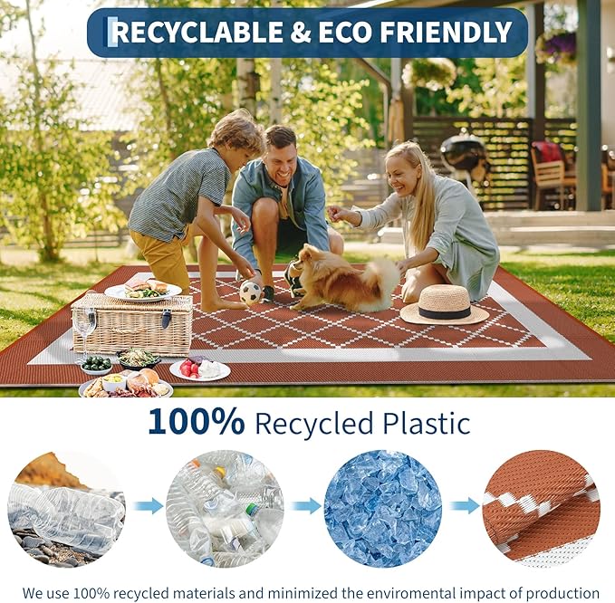 COZYLOOM Outdoor Rug Waterproof 10x14 Reversible Patio Rugs, Extra Large Modern Geometric RV Camping Rug, Indoor Outdoor Plastic Straw Mat for Deck, Picnic, Beach, Garden, Porch, Terracotta