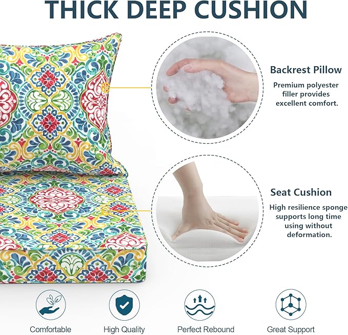 Outdoor Deep Seat Cushion Set, Water Repellent 24"x24" Patio Thick Cushions Replacement with Seat & Back Pillow for Patio Sofa, Wicker Chair, Couch - Damask Red