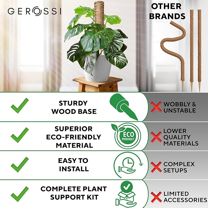 Premium Moss Pole for Plants 4-Pack - 48 Inch Sturdy Plant Support Stakes - 16.5" Extendable Poles for Monstera & Climbing Plants - 100% Natural Garden Sticks - Complete Kit w/Ties, Velcro & Rope