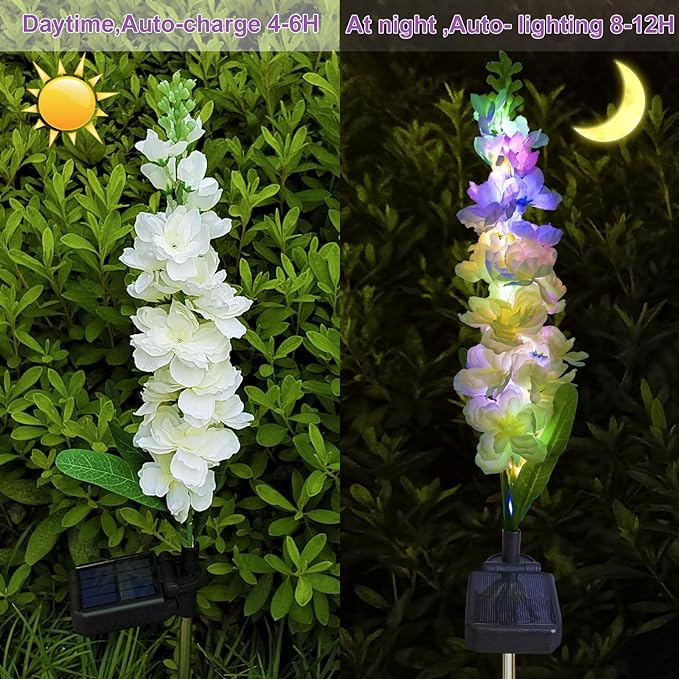 Solar Garden Lights, Delphinium Flowers 2 Pack 40 LEDs, Waterproof Outdoor Lights Two Lighting Modes for Wedding Party Garden Yard Patio Lawn Decor and Gift for Mother