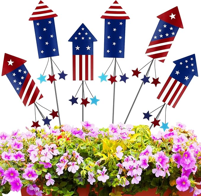 Pickmesh 6 Pcs 12" H Patriotic Metal Yard Sign Patriotic Fireworks Garden Stake 250th Anniversary USA Flag American Yard Sign for Memorial Day Outdoor Decor 4th of July Independence Day Decoration