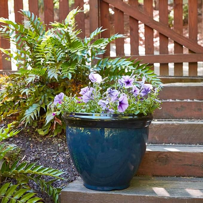 Southern Patio Heritage Planter, 12-Inch Outdoor Round Planter Pot, Light Resin Pot for Porch or Patio Use, Monaco Blue, (Size/Dimensions), 2 Pack