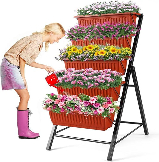 Homdox 3.74FT Vertical Garden Bed, 5 Tiers Raised Garden Planter, 23 * 26 * 45Inch Outdoor Stand with 4 Hooks for Vegetable Flower, Patio Yard, Brown