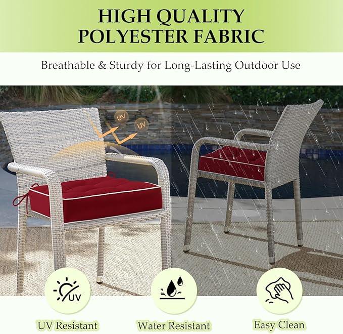 HARBOREST Outdoor Chair Cushions Set of 2, Tufted Patio Chair Cushions with Ties, Square Corner Outdoor Cushions for Patio Furniture, Lawn Chairs, Wicker Chairs, 17" x 17" x 5", Burgundy