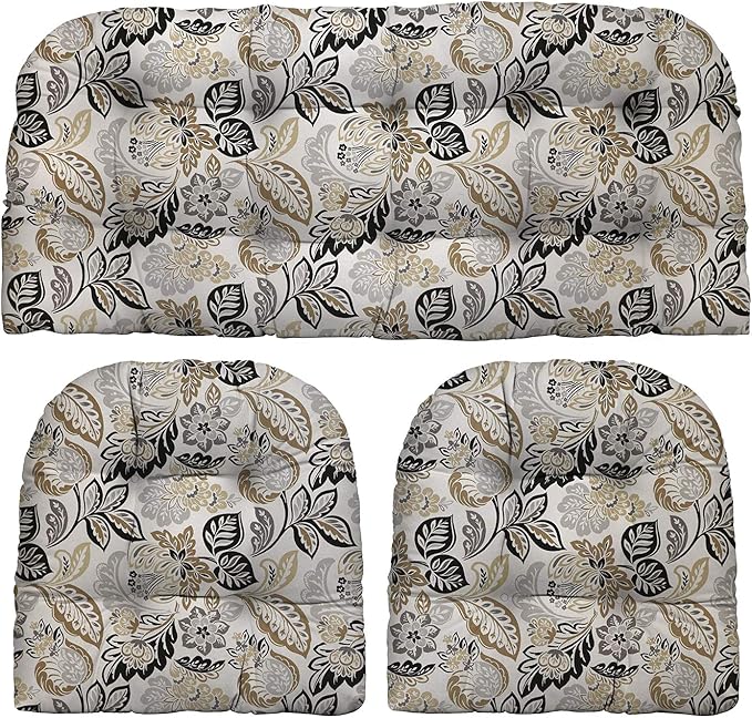 RSH DECOR: 3-Piece Wicker Tufted Cushion Set | 44” x 22" & 22" x 22" | All-Weather Spun Fabric | Water-Resistant | Outdoor Loveseat & U-Shape Cushions for Patio Furniture | Dailey Pewter Grey Scroll