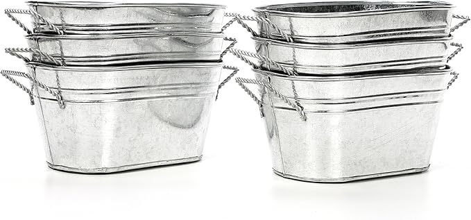 Hosley Set of 6 Oval Galvanized Planter Floral Pot 7.5 Inch Long 3.5 Inch High. Ideal Gift for Floral Arrangements Wedding House Warming Home Office Party and for DIY Garden Patio O4