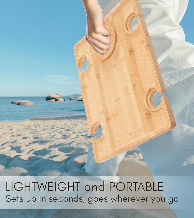 Outdoor Wine Picnic Table, Wooden Folding Picnic Table with Glass Holder, Bamboo Wine Glass Snack Tray for Indoor & Outdoor Use, Includes Picnic Mat & Tote Bag