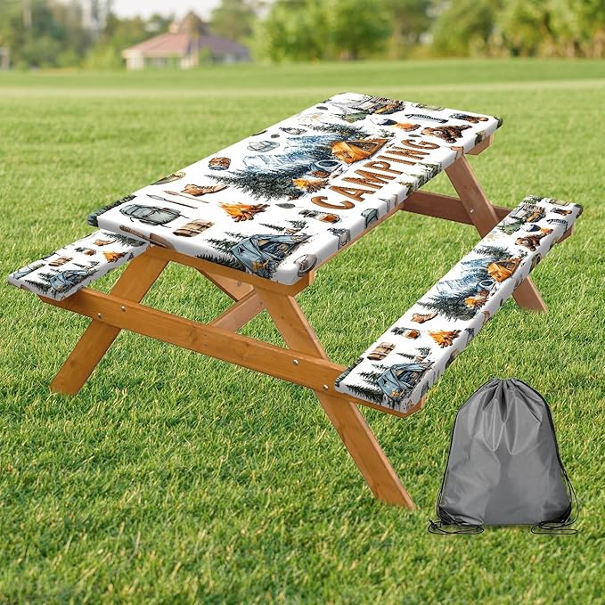 Picnic Table Cover with Bench Covers Camping Tablecloth Fitted Picnic Picnic Table Cover with Elastic Windproof Waterproof, Outdoor & Garden Camping Accessories Essentials 72In 3PCS