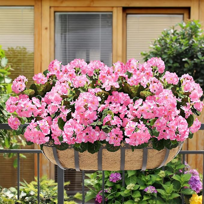 famibay Artificial Flowers for Outdoor Indoor Garden Home Decoration, 8 Bundles Silk Geraniums UV Resistant Look Real Faux Plants for Front Door Porch Planter Urn Patio Garden,Pink