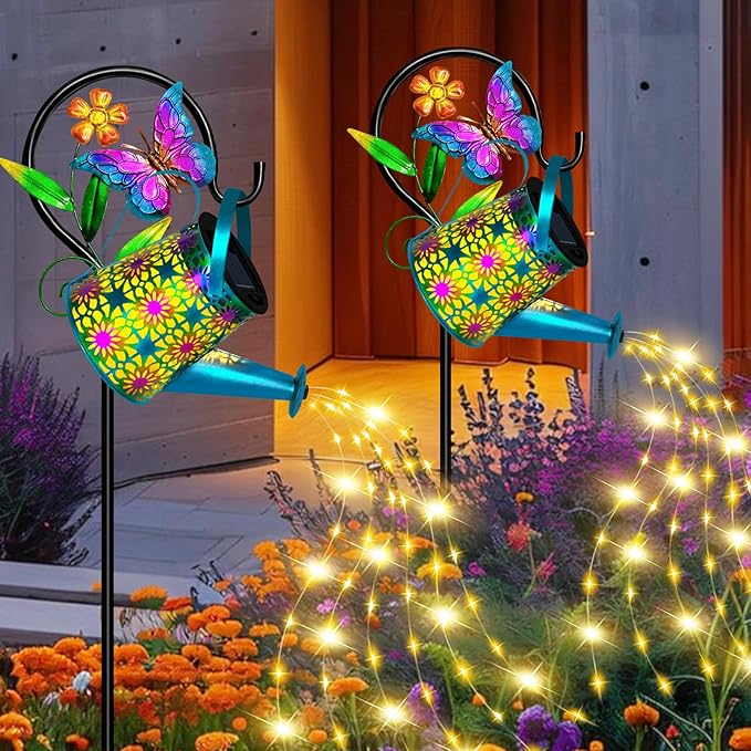 Christmas Gifts Solar Watering Can with Lights, Waterproof Solar Lantern with Butterfly Shepherd Hook, Hanging Garden Lights for Patio Yard Lawn Porch Outdoor Decoration, Unique Garden Gifts for Women