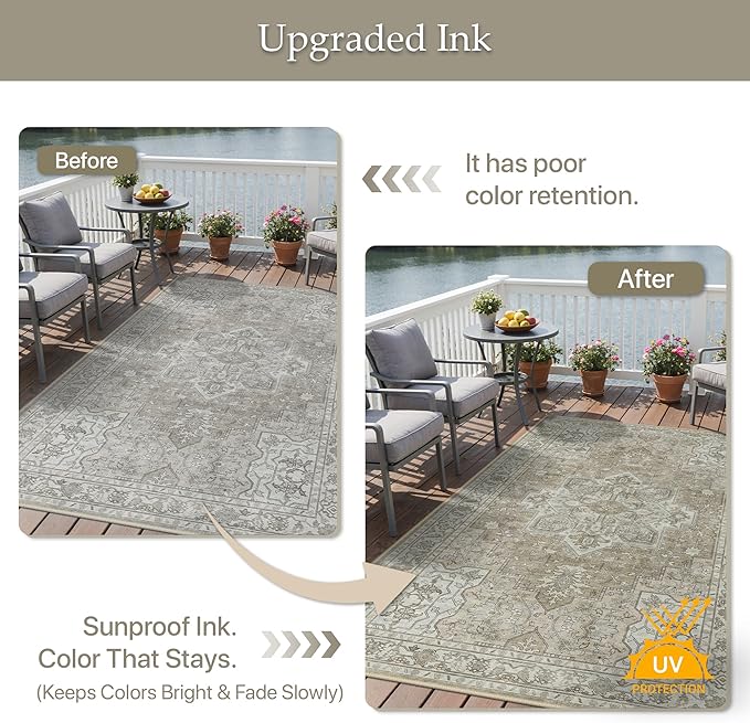 GENIMO Outdoor & Indoor Area Rug 4'x6', Waterproof, Non-Shedding, Easy Cleaning, Boho Mat for Patio, Living Room, Balcony, Dining Room, RV, Deck, Bedroom, Camping, Outside Carpet,Coffee Beige