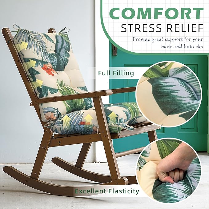 Patio Rocking Chair Cushion Outdoor Indoor Floral Chair Cushions Replacement for Porch Chairs Waterproof Seat Pads Blue Grey