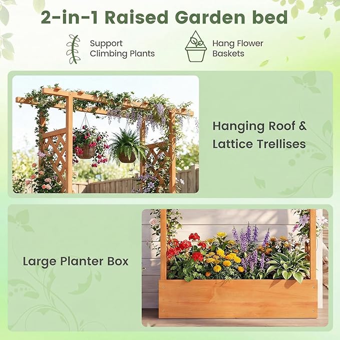 Raised Garden Bed with Trellis, Wood Planter Box w/Trellis, Hanging Roof, Drainage Holes, Freestanding Planter Raised Bed for Outdoor Climbing Plants Flowers, Patio Yard Balcony (2, Orange)