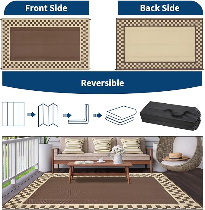 Garvee 8x10 Outdoor Waterproof Rug Reversible Modern Geometric Neutral Outdoor Patio Rug, Weather Resistant Plastic Straw Rugs Portable Camping Carpet for Garden Backyard Balcony,Brown & Beige