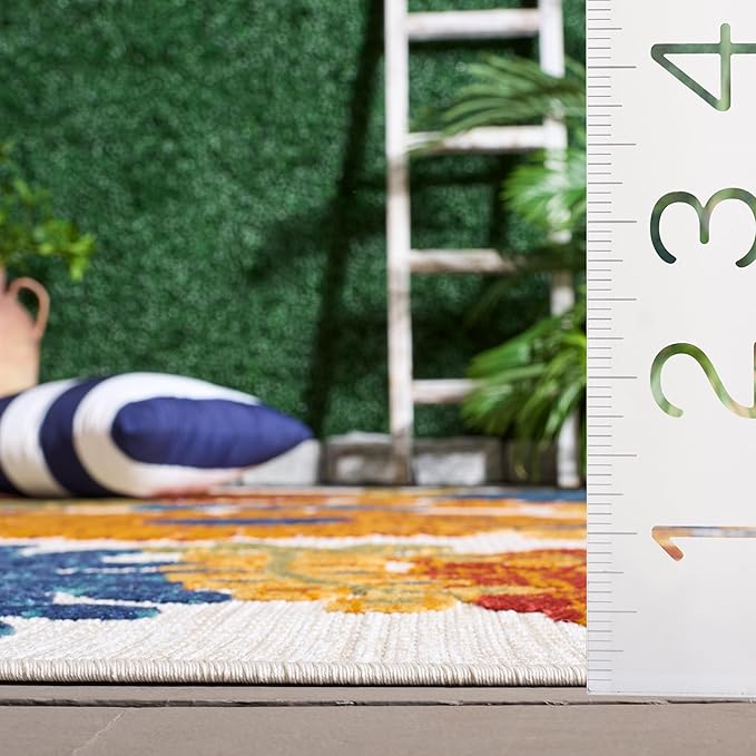 SAFAVIEH Washable Rug Outdoor Cabana Collection - 8' Square, Cream & Red, Non-Shedding & Easy to Clean, Ideal for Patio, Backyard, Mudroom (CBN832A)