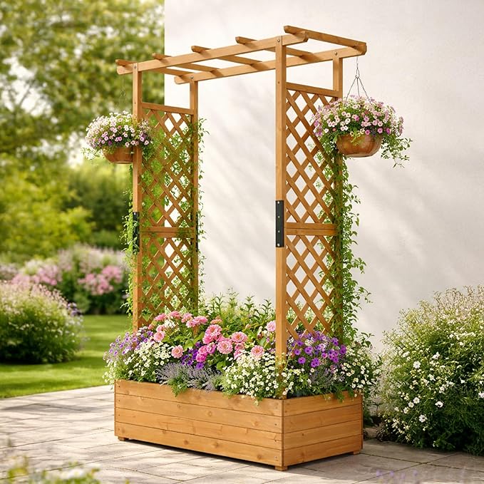 Outvita 72" Raised Garden Bed with Trellis, Wood Planter Box with Hanging Roof, Side Trellis and Drainage Holes, Above Ground Elevated Garden Bed for Outdoor Climbing Plants Vegetables(Teak Color)