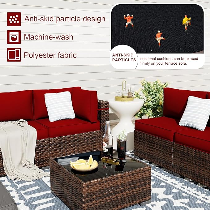 Patio Sectional Cushions, 14-Piece Replacement Cushions for Outdoor Furniture, Water-Resistant Outdoor Sofa Cushion for 6-Seat Rattan Wicker Sectional Conversation Sets (Red)