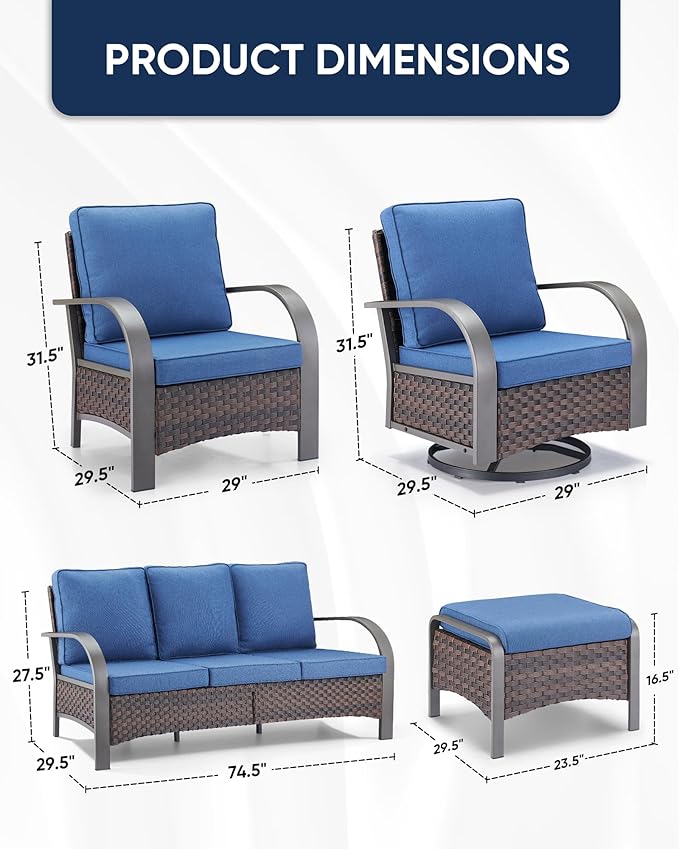 HUMMUH 7 Piece Outdoor Patio Furniture Sets-High Back Swivel Rocker Patio Chairs with Wicker Patio Couch Outdoor Conversation Furniture Set for Deck Porch Garden Poolside Backyard-Brown/Blue