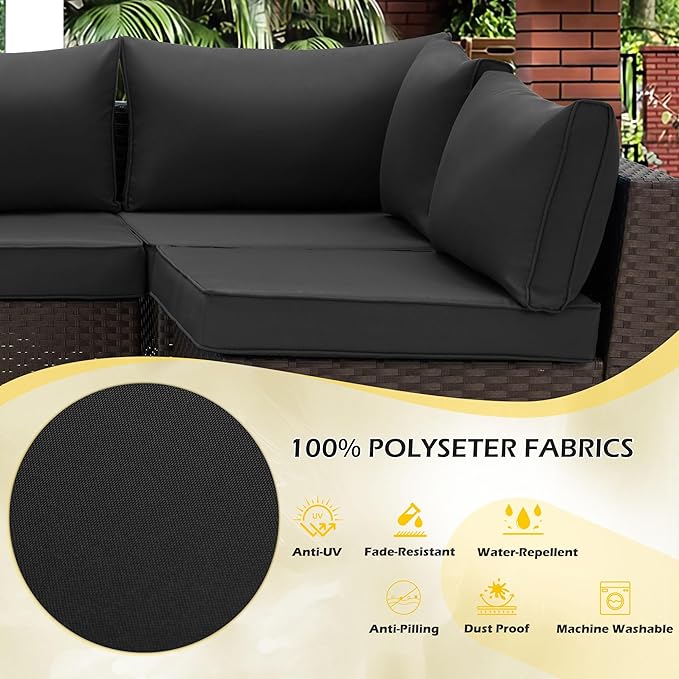 HOMREST Outdoor Replacement Cushions for Patio Furniture,Water-Repellent Sofa Cushion for 6-Seat Rattan Wicker Sectional Patio Conversation Sets,14-Piece Cushions Set for Outdoor Couch（Black）